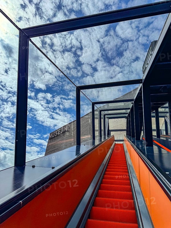 Escalator to the Ruhr Museum in the former coal washing plant at the Zollverein Coal Mine Industrial Complex in Essen, North Rhine-Westphalia, Germany, Europe