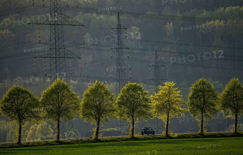 Traffic on the B59 motorway near Grevenbroich, avenue, high-voltage pylons, Germany, Europe