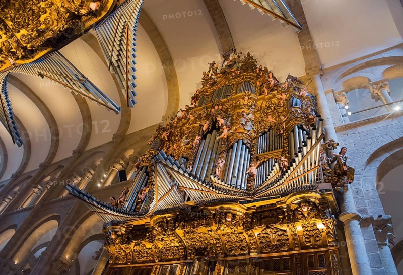 Baroque organ with lavish golden decorations in a sacred interior, cathedral, Santiago de Compostela, autonomous community of Galicia, place of pilgrimage, destination of the Way of St James, Spain, Europe