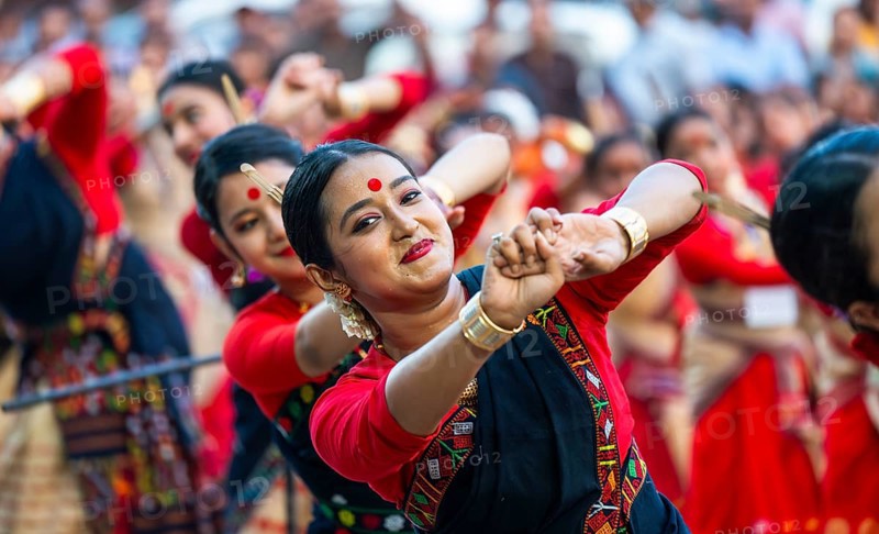 Participants with instructors dance on the final day of a Bihu dance workshop ahead of Rongali Bihu Festival, in Guwahati, Assam, India on 12 April 2025