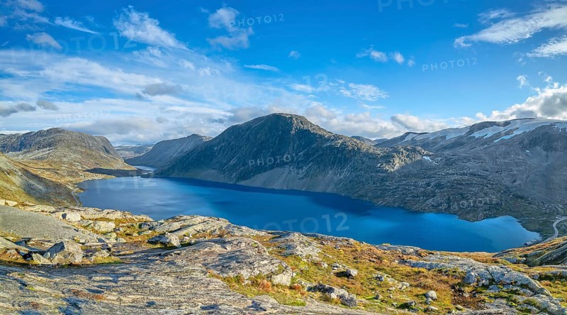 View of lake Djupvatnet, Dalsnibba pass road, mountain, autumn, Geiranger, Møre og Romsdal, Vestland, Norway, Europe