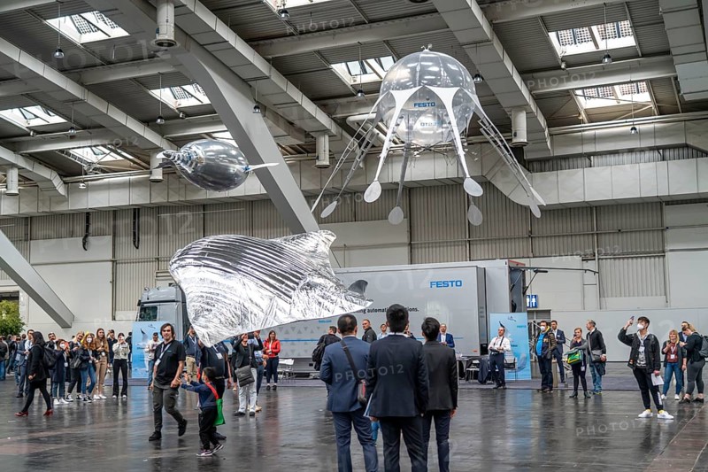 Mechanical flying objects, filled with helium, controlled by fine mechanics, movements copied from animals, birds, fish, bionics applied, to illustrate technical processes, by automation specialists Festo, at the Hannover Messe, Lower Saxony, Germany, Europe