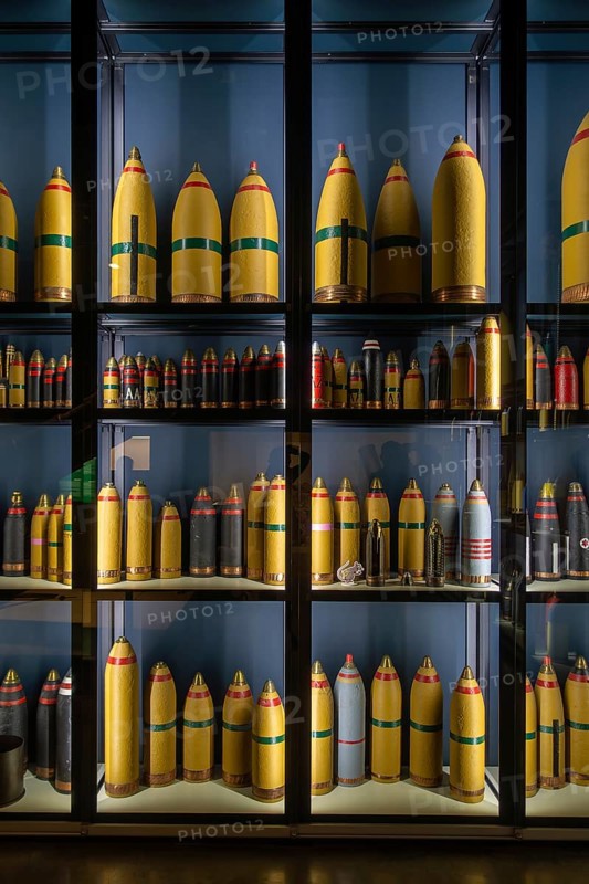 British and German WW1 colour coded artillery shells at WWI Passchendaele Museum about the Third Battle of Ypres, Zonnebeke, West Flanders, Belgium, Europe