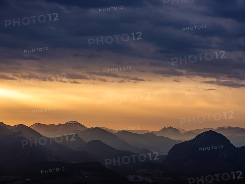 Alpine panorama under an overcast sky, illuminated by the sun through a gap in the clouds, Osterhorngruppe, Oberau, Berchtesgadener Land, Upper Bavaria, Bavaria, Germany, Europe