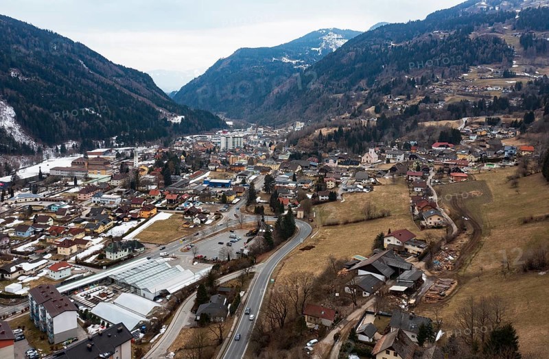 Drone image, residential buildings, view of town, Radenthein, Gegendtal, Carinthia, Austria, Europe