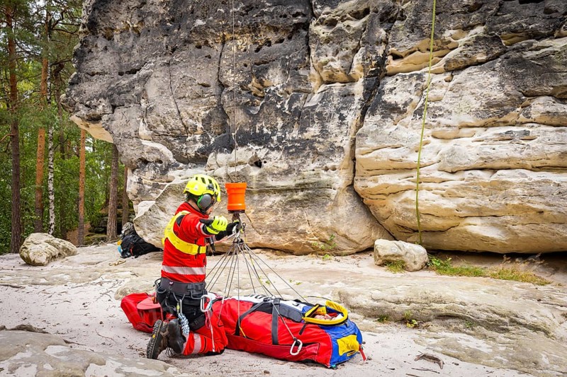 Winch rescue training of the rescue helicopter, Christoph 62, on the occasion of the 50th anniversary of the DRF Luftrettung. The rescue of casualties in the Elbe Sandstone Mountains will be practised