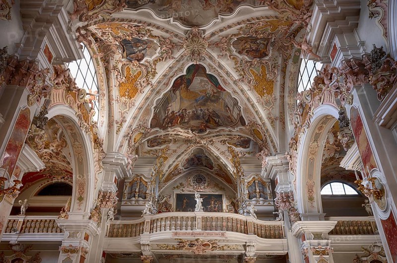 Interior photograph of organ loft, organ, abbey organ, abbey basilica, abbey church, monastery church, Augustinian canons' monastery, Neustift monastery, also abbey, Vahrn near Brixen, Bressanone, South Tyrol, Italy, Europe