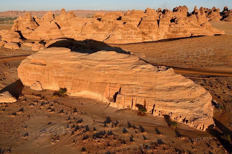 Nabataean Tombs at the Rock Qasr Al-Bint, Blue Hour, Hegra or Mada'in Salih, AlUla Region, Medina Province, Saudi Arabia, Arabian Peninsula, Asia