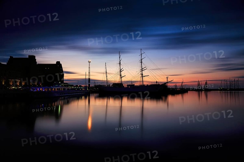 Sail training ship Gorch Fock, long exposure at dusk, backlight, Stralsund harbour, Germany, Europe
