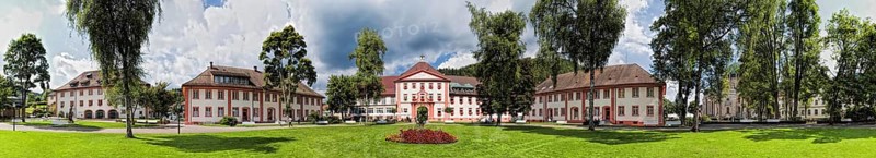 St Blasien Panorama in the spa garden with town hall Haus des Gastes and cathedral Germany