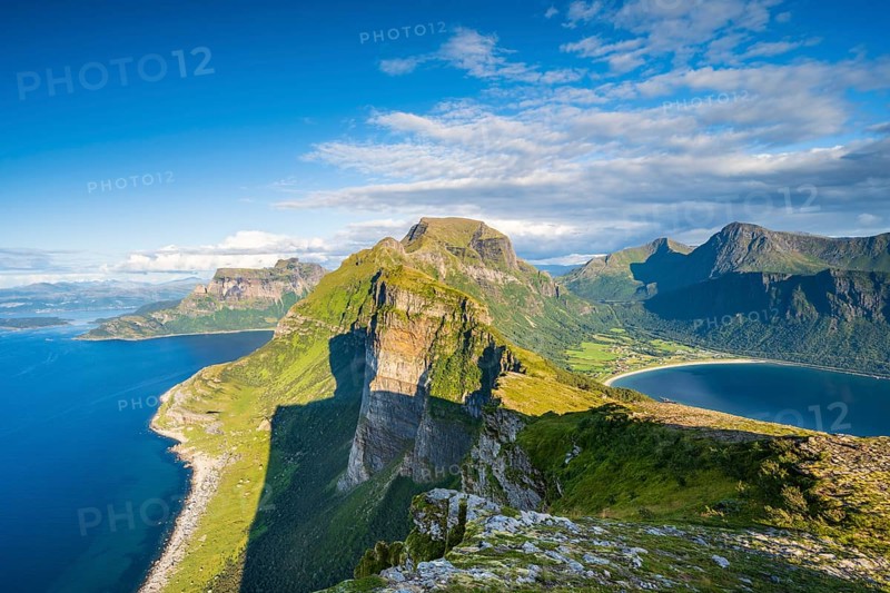 View from Finnesfjellet mountain to mountains and coast, evening Finnes, Helgeland coast, Bodø, Nordland, Norway, Europe