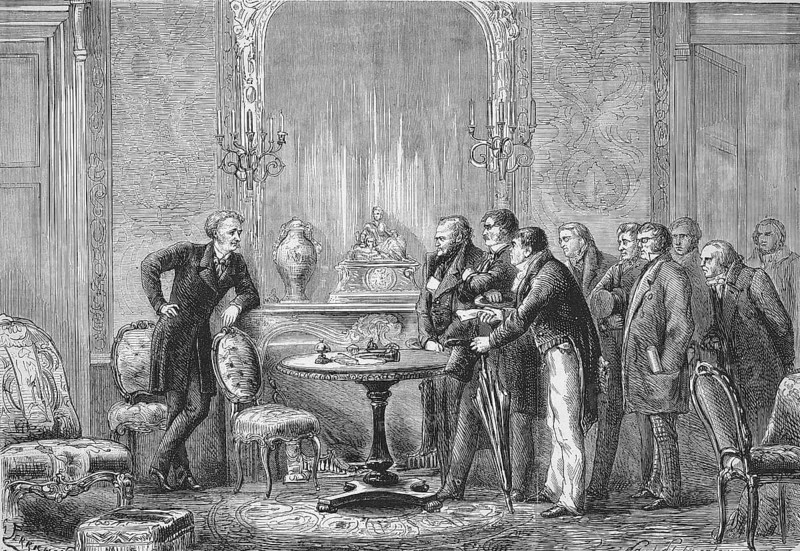 Mercadet or Waiting for Godeau, scene from the performance of the Comedie Francaise in 1869, Paris, France, Historic, digitally restored reproduction of an original 19th century original, exact original date unknown, Europe