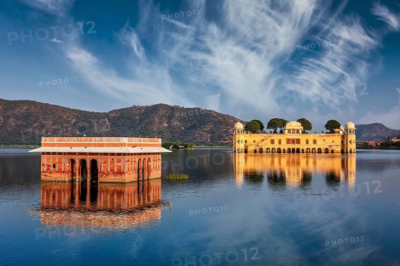 Rajasthan landmark, Jal Mahal (Water Palace) on Man Sagar Lake on sunset. Jaipur, Rajasthan, India, Asia