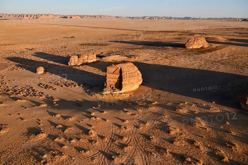 Qasr Al-Farid, 2000-year-old tomb of the Nabataeans, aerial view, Hegra or Madain Salih, AlUla region, Medina province, Saudi Arabia, Arabian Peninsula, Asia