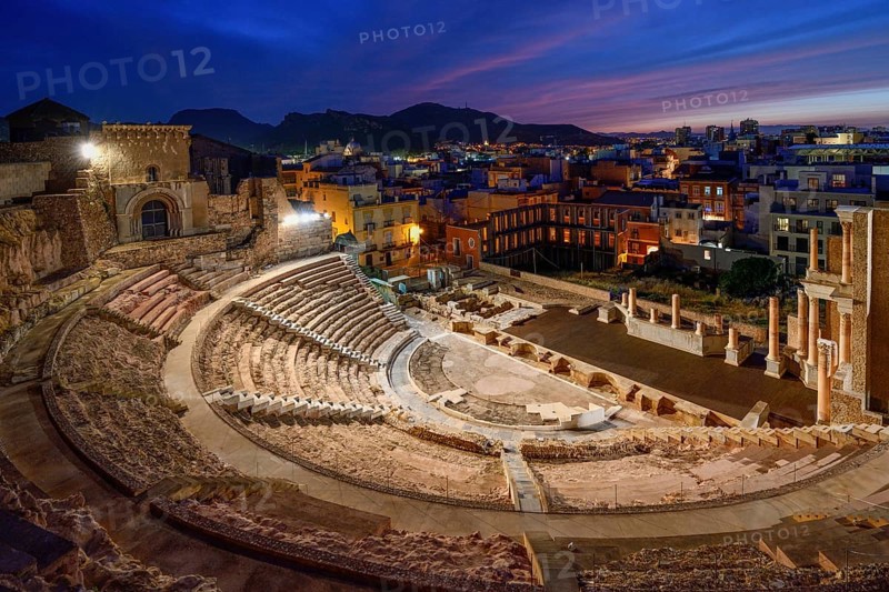 Teatro Romano, blue hour, Roman amphitheater, in the old town of Cartagena, Murcia region, Spain, Europe