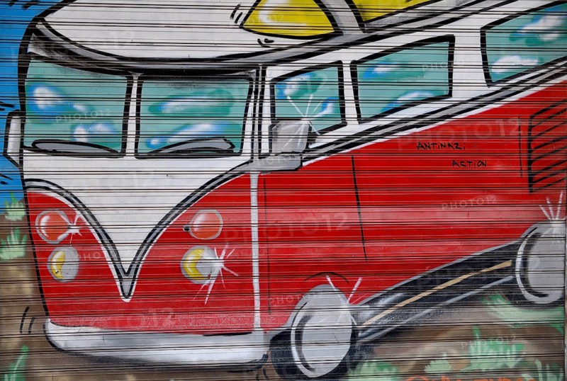 Graffito on a house wall, VW bus, Bulli, Cartagena, Murcia region, Spain, Europe