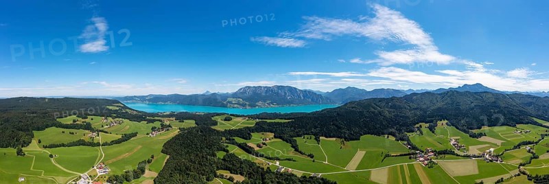 Drone shot, panorama shot, agricultural landscape, Oberaschau with Attersee and Höllengebirge, Salzkammergut, Upper Austria, Austria, Europe