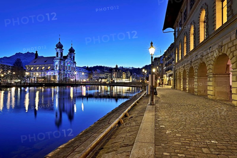 Jesuit Church, light installation at dusk, Old Town, Lilu, Light Festival 2023, Lucerne, Canton of Lucerne, Switzerland, Europe