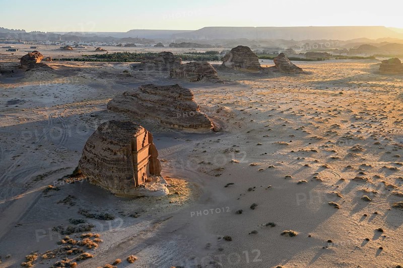 Qasr Al-Farid, 2000 year old tomb of the Nabataeans, blue hour, Hegra or Madain Salih, AlUla region, Medina province, Saudi Arabia, Arabian Peninsula, Asia