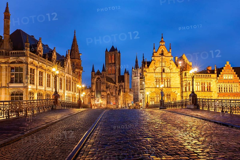 Sint-Niklaaskerk. View over the bridge on Michielshelling street. Ghent, Belgium, Europe