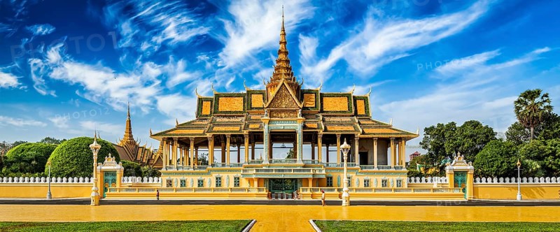 Phnom Penh tourist attraction and famouse landmark, panorama of Royal Palace complex, Cambodia, Asia