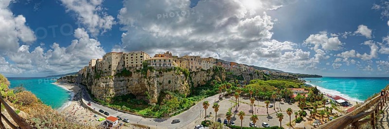 Panorama of the medieval old town of Tropea perched on rocks of sandstone with its turquoise sea and sandy beaches, Tropea, Vibo Valentia, Calabria, Southern Italy, Italy, Europe
