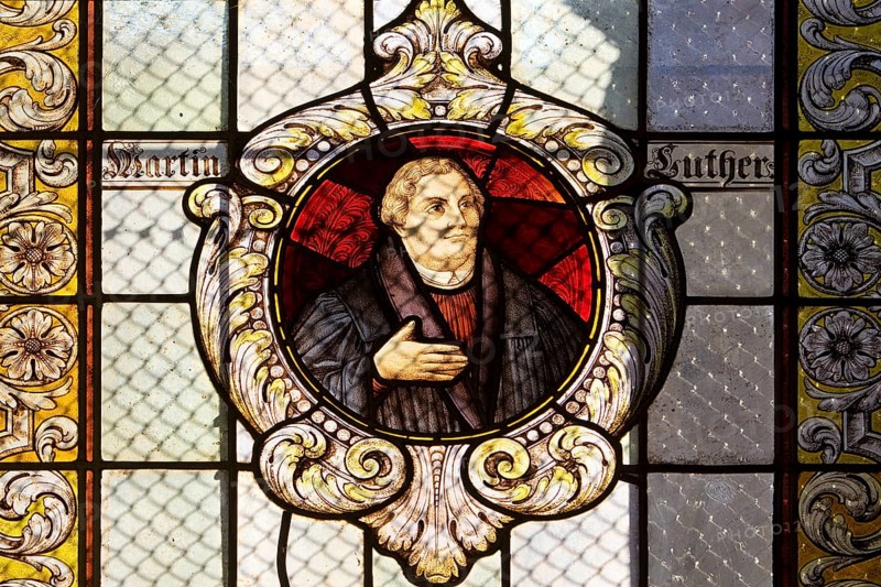 Stained glass window with Martin Luther in the Evangelical Lutheran Market Church of St Cosmas and Damian, Goslar, UNESCO World Heritage Site, Lower Saxony, Germany, Europe