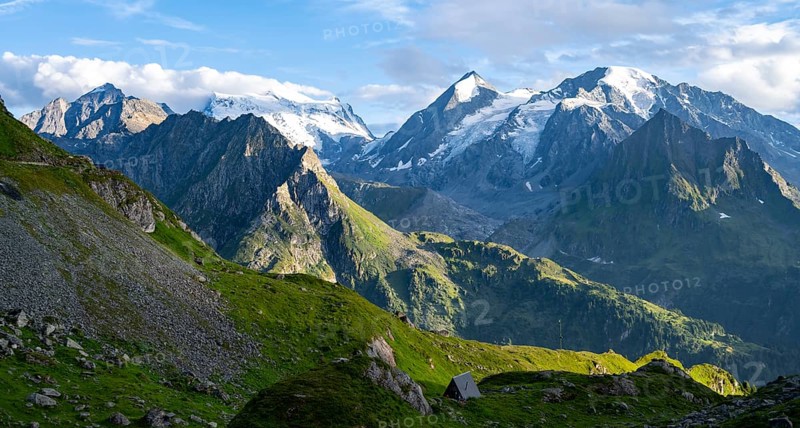 Mountain landscape at sunset at the Cabane de Louvie, summit Grand Combin de Grafeneire, Fionnay, Valais Alps, Valais, Switzerland, Europe