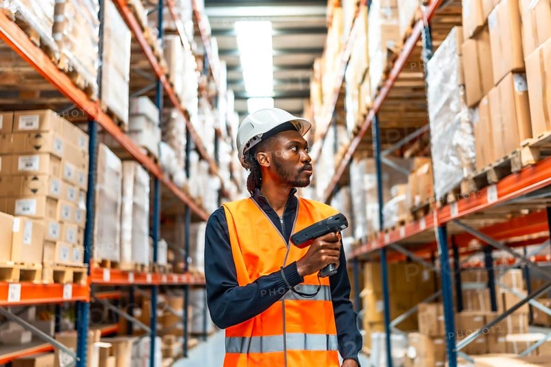 Frontal view of a concentrated african male worker using wireless scanner doing inventory in warehouse