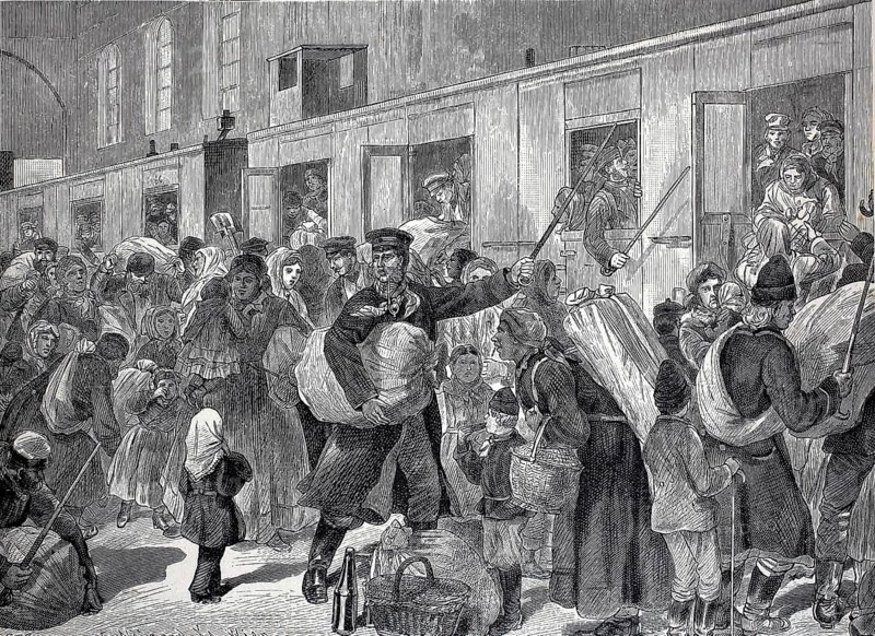 Emigrants, an emigrant train in Berlin in the 19th century, Germany, digital reproduction of an original from the 19th century, historical, Europe