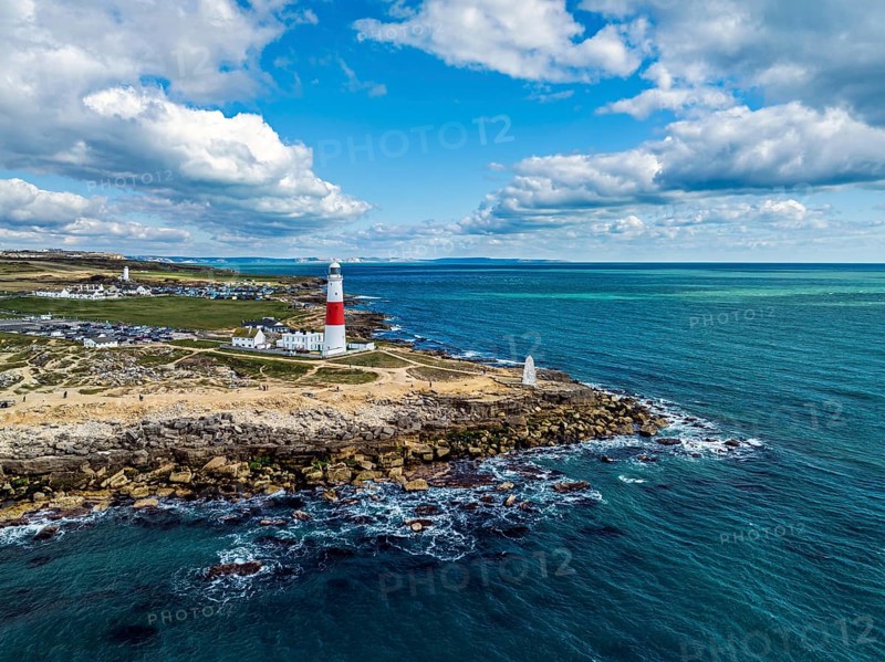 Portland Bill Lighthouse from a drone, Portland Bill, Isle of Portland, Dorset, England, United Kingdom, Europe