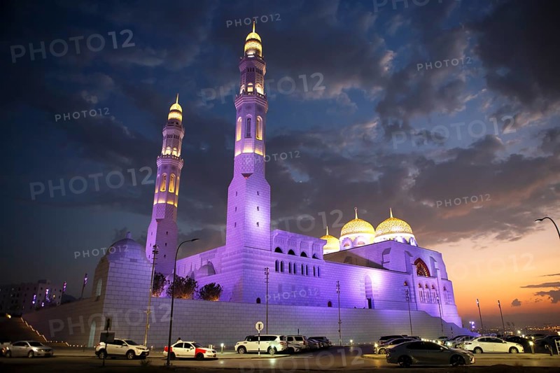 Mohammed Al Ameen Mosque, illuminated, night shot, Muscat, Oman, Asia