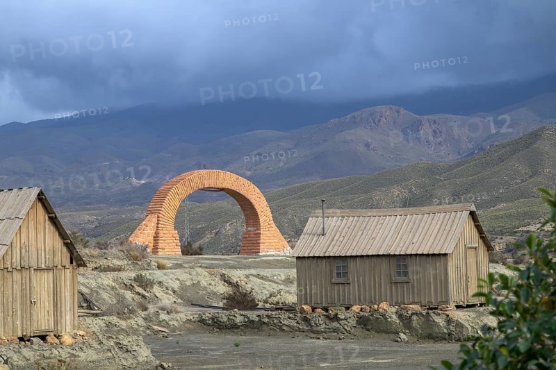 Stone arch and hut from the film Spiel mir das Lied vom Tod, western village Fort Bravo or Texas Hollywood, Almeria, Spain, Europe