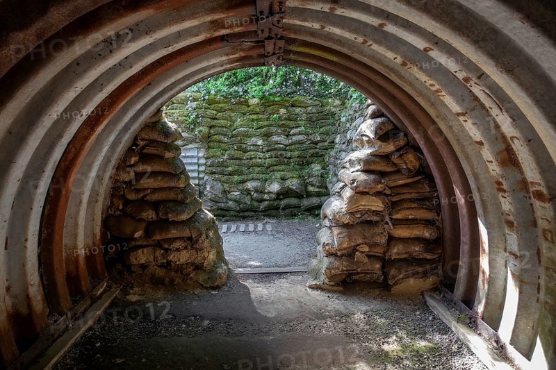 British World War One Baby Elephant shelter made of sheets of corrugated iron in trench at the Passchendaele Museum, Zonnebeke, West Flanders, Belgium, Europe