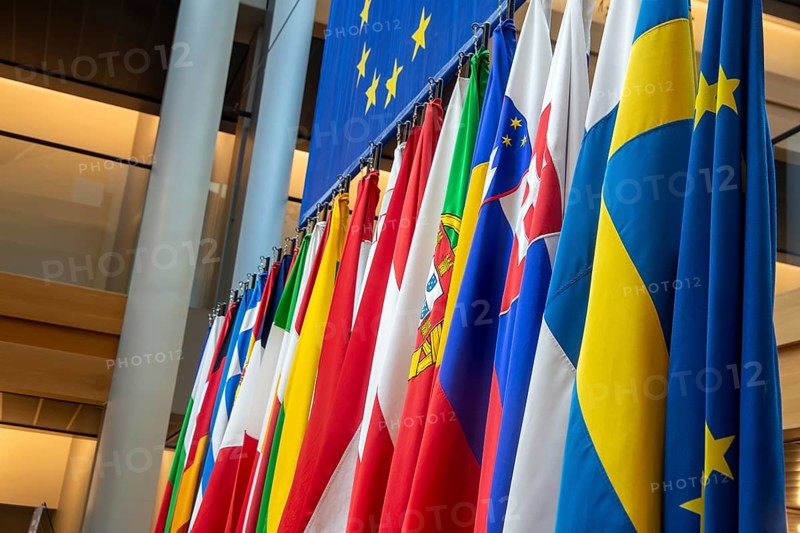 Flags of the member states of the European Union in the EU Parliament in Strasbourg, France, Europe