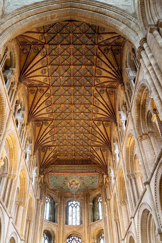 Interior of cathedral church, Peterborough, Cambridgeshire, England, UK looking up at ceiling