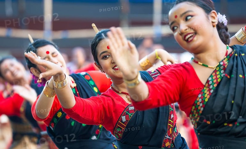 Participants with instructors dance on the final day of a Bihu dance workshop ahead of Rongali Bihu Festival, in Guwahati, Assam, India on 12 April 2025