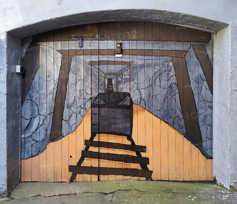 Painted garage door as a gallery with mine car, mining past, nostalgia, Goslar, Lower Saxony, Germany, Europe