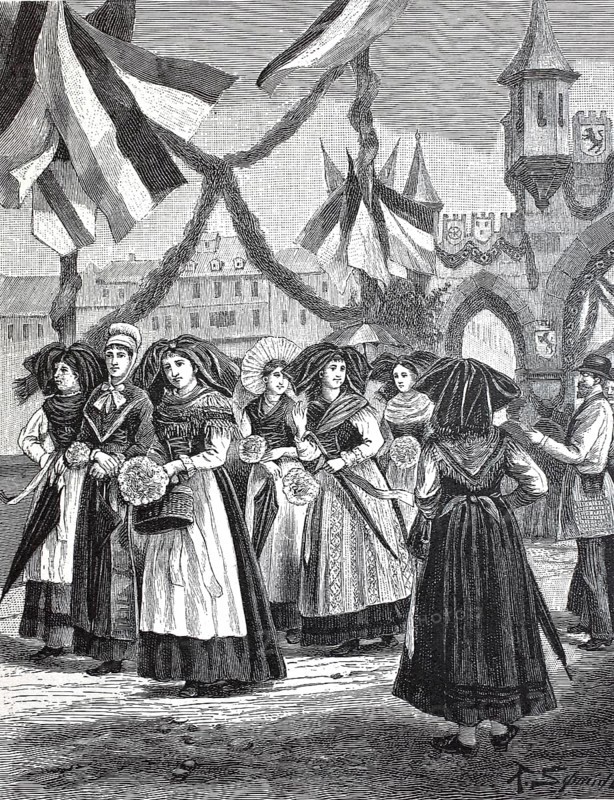 Girl in the traditional traditional costume of Alsace on her way to the ceremonial reception of the Emperor in Strasbourg in 1897, France, digital reproduction of an original from the 19th century, historical, Europe