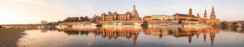 Panorama of the city skyline with reflection in the Elbe, Carola Bridge, Brühl's Terrace, Academy of Fine Arts, Church of Our Lady, Secondary School, Ständehaus, Georgentor, Hausmannsturm, Court Church and Augustus Bridge in the morning light, Dresden, Saxony, Germany, Europe