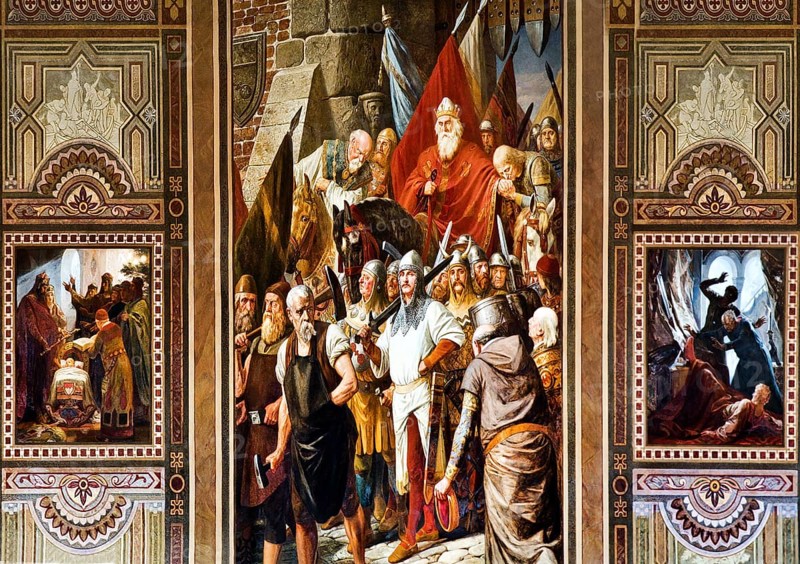 Left, The princes pay homage to the six-week-old Henry IV at Christmas 1050 in the Palatinate of Poehlde, centre, Henry IV proclaims peace in Mainz in 1103, Right, Henry V is struck by lightning in Goslar in 1107, mural by Hermann Wislicenus in the Kaisersaal Goslar, Germany, Europe
