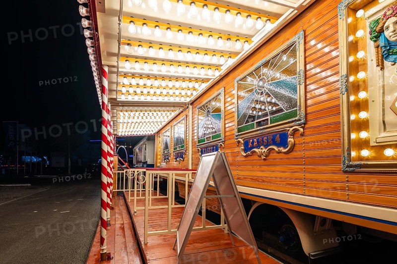 Illuminated wooden checkout area in evening light, Böblingen, Germany, Europe
