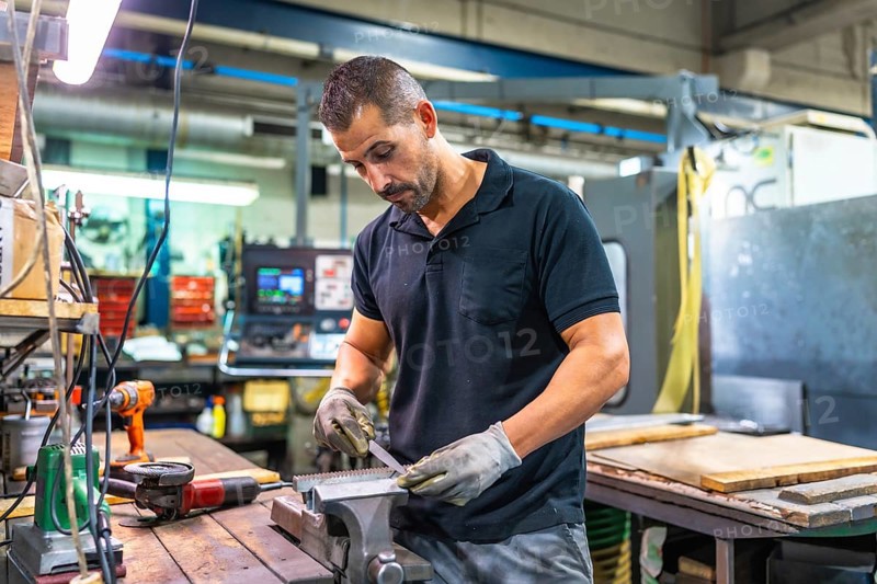Caucasian adult male manual worker working in metal factory using drill and manual tools