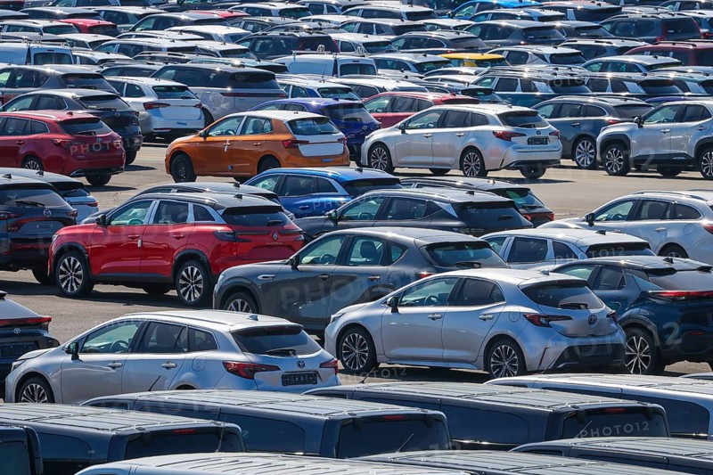 Duisburg, North Rhine-Westphalia, Germany - New cars, transhipment centre, car terminal in Duisburg port