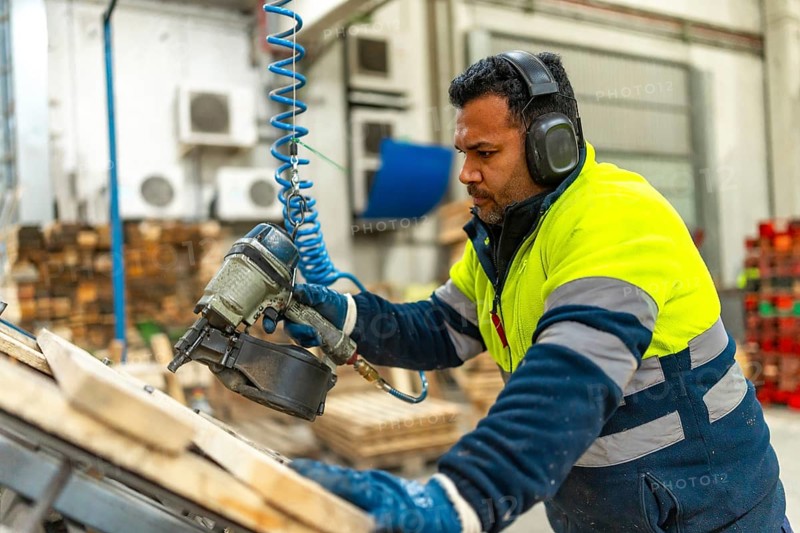 Side view of a caucasian adult man manual worker using compressed air gun to arrange a pallet in a recycling plant