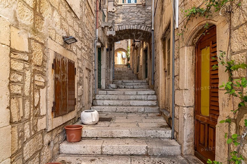 Staircase in the old town centre of Korcula, Croatia, Europe