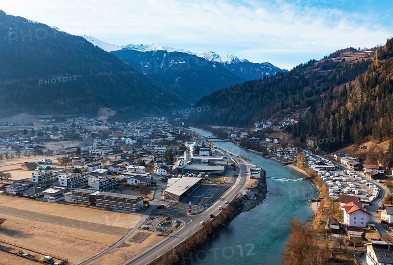 Drone shot, view of village with parish church, Prutz, Kaunertal, Inntal, Inn, Tyrol, Austria, Europe