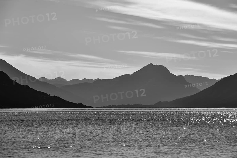 Black and white photograph of Lake Huechulafquen in the Andes in Lanin National Park, Patagonia, Argentina, South America