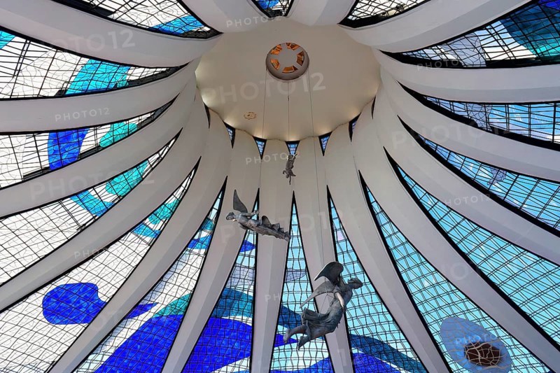 Angels hanging from the stained-glass ceiling, Roman Cathedral of Brasilia or Metropolitan Cathedral of Our Lady of Aparecida, designed by Oscar Niemeyer, World Heritage Site, Brasilia, Federal district, Brazil, South America