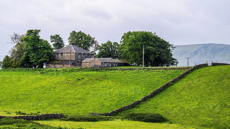Farms over Upper Teesdale and River Tees, Forest-in-Teesdale village, County Durham and Cumbria, England, United Kingdom, Europe